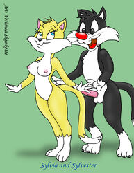 anthro black_fur breasts cat feline female fur furry_ears looney_tunes male mammal nipples nude penis pointy_ears red_nose smile smooth_fur standing straight sylvester sylvia_(looney_tunes) tagme testicles veronica_skunkette white_fur yellow_fur