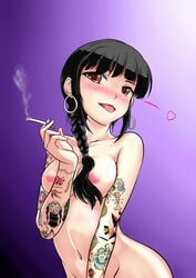 black_hair braid breasts brown_eyes cigarette convenient_censoring earrings female heart hoop_earrings long_hair navel nipples nude original sirat smoke solo tattoo tongue tongue_out