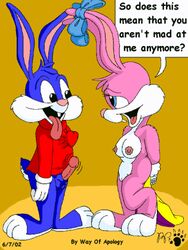 anthro babs_bunny bow_tie breasts buster_bunny clothing eye_contact female fur furry lagomorph looking_at_another love male mammal nude penis rabbit standing tagme text tiny_toon_adventures uncensored warner_brothers