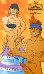 2012 2boys balls bara birthday_cake cake erect_penis erection final_fantasy final_fantasy_x final_fantasy_xiii fingerless_gloves gay looking_at_viewer male male_only muscular muscular_male penis simple_background snow_villiers tagme tonberryknight veiny_penis video_games wakka wink winking_at_viewer yaoi