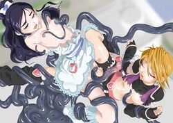 2girls arms_behind_back blue_eyes blush bondage bow breasts brown_hair closed_eyes clothing consensual_tentacles cum cum_on_body cum_on_breasts cum_on_face cum_on_upper_body cure_black cure_white dress dress_lift earrings elbow_gloves female femsub futari_wa_precure gloves honoka_yukishiro jewelry long_hair magical_girl misumi_nagisa multiple_girls multiple_subs nihon_cg_college nipples no_panties open_mouth penis_tentacles precure pretty_cure purple_hair pussy rape restrained rubbing rubbing_pussy sex short_hair shorts small_breasts spread_legs tentacle tokubetsu_kougi torn_clothes tribadism yukishiro_honoka