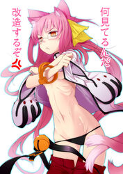 animal_ears bell blazblue blush cat_ears glasses hair_ribbon kokonoe long_hair panties pink_hair ribbon tagme