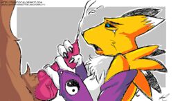 anthro black_nose black_sclera blue_eyes brown_fur color cum digimon female fur furry handjob male nude open_mouth orange_fur penis renamon side_view tagme tiquitoc white_fur