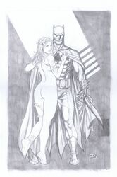 1boy 1boy1girl 1girls abs batman batman_(series) belt_pouch big_muscles boots bulge cape catsuit clothed clothed_male_nude_female clothing crotch_bulge dc_comics detailed duo female frank_cho frown fully_clothed gloves greyscale holding_cape holding_clothing human looking_at_viewer male mask monochrome muscular muscular_male poison_ivy realistic standing traditional_media_(artwork) utility_belt