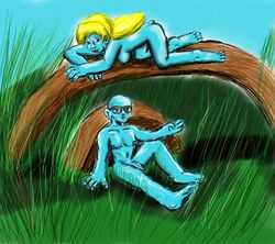 1boy 1boy1girl 1girls all_fours bald big_penis blonde_hair blue_skin brainy_smurf completely_nude erect_nipples flaccid_penis glasses grass looking_at_viewer pecs shizuru-minamino sitting smurfette tagme the_smurfs