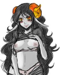 1girls aradia_megido artist_request black_hair blush breasts clothing grey_skin homestuck horns long_hair looking_at_viewer ms_paint_adventures nipples panties pointy_ears red_eyes shirt_lift skirt_pull solo troll white_background