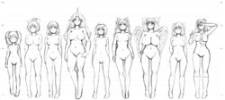 9girls artist_request black_and_white bow female height_chart hoshiguma_yuugi kisume koishi_komeiji mizuhashi_parsee rin_kaenbyou sanae_kochiya satori_komeiji tagme team_shanghai_alice touhou utsuho_reiuji wings yamame_kurodani