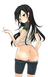 1girls ass beckoning bedroom big_ass bike_shorts black_hair brown_eyes bubble_butt come_hither dat_ass exposed_ass female female_only from_behind half-closed_eyes highres idolmaster idolmaster_cinderella_girls light-skinned_female long_hair looking_at_viewer looking_back mooning panties panties_down pants pants_down presenting presenting_hindquarters rikudou_inuhiko seductive seductive_look seductive_smile shorts shorts_down shorts_pull smile solo spandex t-shirt trainer_(idolmaster) valentine_trainer white_background white_skin