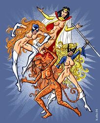 4girls arachne_(marvel) avengers bobbi_morse bonita_juarez firebird_(marvel) human julia_carpenter light-skinned_female light_skin marvel mockingbird_(marvel_comics) multiple_girls spider-man spider-man_(series) spider-woman tagme tigra weapon west_coast_avengers