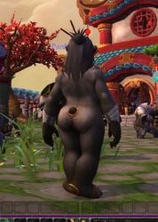 1boy anthro bear blizzard_entertainment female male mostly_nude outdoors panda pandaren pandaren_female pandaren_male public_nudity rear_view sandals screencap tail_ring video_games warcraft world_of_warcraft wrist_wraps