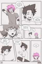 2boys bandage blush clothed clothing comic dross english_text femboy high_resolution jacob_(dross) original pink_hair roxanne_(dross) skateboard skater_boi_(dross) taylor_(dross) text twink