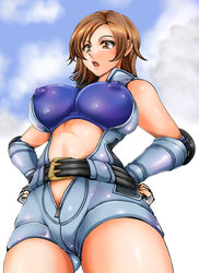 1041_(toshikazu) 1girls areolae big_breasts breasts brown_eyes brown_hair clothed erect_nipples female gloves hands_on_hips kazama_asuka large_breasts looking_away midriff nipple_bulge nipples open_mouth short_hair solo tekken zipper