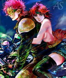 1girls 2010 as_art bat_(hokuto_no_ken) breasts brown_hair denim edit female hokuto_no_ken human jobo_(isi88) large_breasts light-skinned_female light_skin lin_(hokuto_no_ken) long_hair male motorcycle pants riding shounen_jump tagme topless