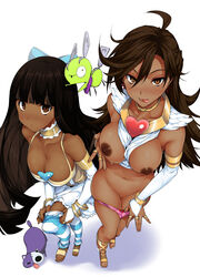 2girls areolae bow bracelet breasts breasts_out bridal_gauntlets brown_eyes brown_hair choker chuck_(psg) cleavage corset covered_nipples dark_skin dress edit from_above hairbow highres honekoneko_(psg) jewelry large_breasts legs long_hair multiple_girls naughty_face nipples panties panty_&_stocking_with_garterbelt panty_anarchy panty_pull shoes stocking_anarchy striped striped_legwear striped_stockings striped_thighhighs tagme thighhighs tongue tosh_(artist) underwear undressing white_dress