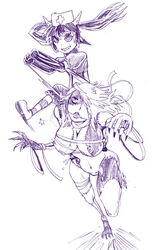 2girls areolae bandages breasts chrome_(mon-musu_quest!) claws female frederika_(mon-musu_quest!) hair hat horns large_breasts long_hair monochrome monster_girl_quest navel nipples nude open_mouth reins riding running saliva sketch stitches tied_hair twintails zombie