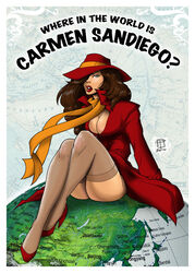 1girls 2010 breasts brown_hair brown_stockings brunette callmepo carmen_sandiego cleavage coat color colored female female_only hair_over_one_eye hat high_heels large_breasts nude_underneath red_lipstick solo stockings trenchcoat where_in_the_world_is_carmen_sandiego