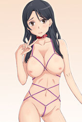 black_hair bondage breasts brown_eyes collar female fukiyose_seiri harness ichihisa long_hair looking_at_viewer nipples pubic_hair slave solo to_aru_majutsu_no_index v