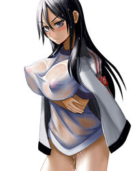 annoyed_expression athletic_female black_hair breasts_visible_through_clothing brunette erect_nipples fukiyose_seiri large_breasts light-skinned_female long_hair nipples_visible_through_clothing no_pants pink_nipples schoolgirl tagme to_aru_majutsu_no_index voluptuous wet_clothes