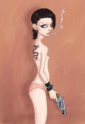 casual casual_nudity cigarette clothing female firearm gunsmithcat handgun human lisbeth_salander millennium nonsexual_nudity pale_skin revolver smoking tagme tattoo topless weapon