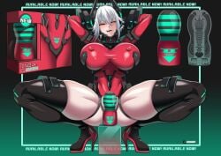 big_breasts cybernetics english_text female_only legs_apart looking_at_viewer onahole solo stevechopz tenga text thick_thighs virtual_youtuber vshojo white_hair zentreya zentreya_(cyborg)