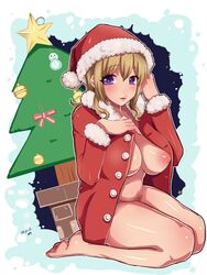 barefoot blonde_hair bottomless breasts christmas feet female hat kneeling large_breasts legs long_hair nipples no_bra no_panties pointy_chin pubic_hair purple_eyes santa_costume santa_hat sasagawa_satarou solo