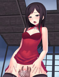 black_hair blush breasts censored clothing dress fingering hanasaku_iroha long_hair pov pussy_juice tear tsurugi_minko