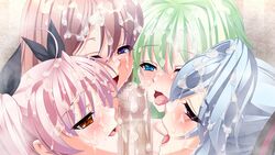 4girls bishop censored collaborative_fellatio cum cum_on_hair facial fellatio hair harem multiple_girls naughty_face oral penis shirikon_magic_umareru_mae_kara_anata_senyou teamwork