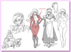 bodysuit breasts concept_art huge_breasts kugano_shizume kyonyuu_majo maid motorcycle nipples nude sketch waffle