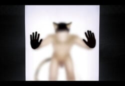 against_glass anthro blur contained feline fur furry glass_wall hand_on_glass nude ominous pqs