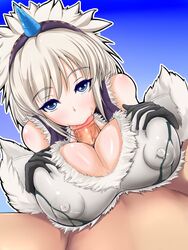 blue_eyes breasts capcom censored clothed_sex fellatio female gucchi_(n3gt6apf) hair highres horn kirin_(armor) male monster_hunter oral paizuri penis pixiv_manga_sample resized straight white_hair