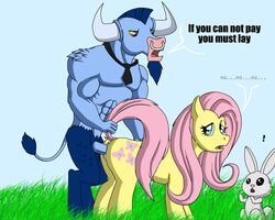 angel_(mlp) blue_hair cobra_mcjingleballs equine female fluttershy_(mlp) friendship_is_magic green_eyes horse interspecies iron_will_(mlp) lagomorph male mammal minotaur my_little_pony pegasus pink_hair pony rabbit smooth_skin