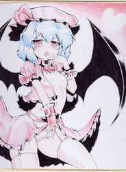 areola_slip areolae bat_wings collar colored_pencil_(medium) garter_belt garter_straps hat heart monochrome nipples no_bra okiraku_nikku panties panty_pull red_eyes remilia_scarlet shikishi short_hair skirt solo string_panties thighhighs touhou traditional_media underwear wings wrist_cuffs