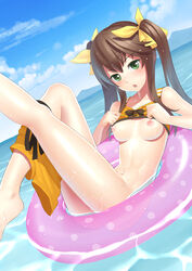 bikini_lift breasts brown_hair cloud female green_eyes highres huang_lingyin human infinite_stratos innertube knees leg_up legs long_hair long_legs mikage_sekizai nipples partially_submerged puffy_nipples pussy shorts shorts_around_one_leg solo thighs tied_hair twintails uncensored water wet