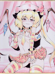 1girls alternate_costume bare_shoulders belt blonde_hair blush breasts colored colored_pencil_(medium) cute_fang erect_nipples female flandre_scarlet flat_chest hat heart long_hair maebari monochrome naughty_face okiraku_nikku panties panty_pull red_eyes shikishi sideboob skirt solo striped striped_panties the_embodiment_of_scarlet_devil thighhighs touhou traditional_media underwear wings