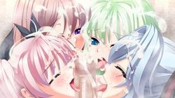 4girls bishop censored collaborative_fellatio cum cum_on_hair ejaculation facial fellatio hair harem multiple_girls oral penis shirikon_magic_umareru_mae_kara_anata_senyou teamwork