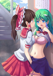 2girls adapted_costume against_wall aqua_hair blue_eyes blue_sky blush bow bowtie bra breasts brown_eyes brown_hair capelet cleavage clothes cloud contemporary eye_contact female fingering frilled_bra frills frog_hair_ornament green_hair hair hair_ornament hair_ribbon hair_tubes hairbow hand_under_clothes hand_under_shirt hand_under_skirt highres hips human indoors large_bow lingerie long_hair looking_at_another midriff miniskirt multiple_girls navel open_mouth panties panty_pull pink_bra pink_panties pleated_skirt ponytail pussy_juice reimu_hakurei ribbon sanae_kochiya school school_uniform shiny shiny_skin shirt_lift skirt sky stairs standing suikakitsu_shiro sweat tear tied_hair touhou tree underwear yuri