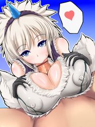 blue_eyes breasts capcom censored clothed_sex erect_nipples fellatio female gucchi_(n3gt6apf) hair heart highres horn kirin_(armor) male monster_hunter monster_hunter_frontier oral paizuri penis pixiv_manga_sample resized straight white_hair