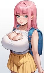 1girls ai_generated andava_(style) backpack blunt_bangs cat_cutout cleavage cleavage_cutout huge_breasts kaina_(kosine1777) kosine1777 kosineverse long_hair original original_character pink_hair skirt tank_top yellow_skirt young younger_female