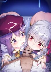 1boy 2girls aged_down bar_censor blush breasts censored coffeekite cum cum_on_body cum_on_hair cum_on_headwear erection facial fate/grand_order fate_(series) fellatio ffm_threesome grey_hair group_sex highres kama_(fate) kama_(first_ascension)_(fate) long_hair multiple_girls necktie nipples oral penis pov purple_eyes purple_hair red_eyes short_hair sion_eltnam_(type-moon) sion_eltnam_sokaris small_breasts threesome white_hair yellow_necktie