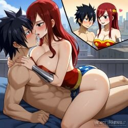 1boy 1girls ai_generated ass black_hair breasts city cosplay costume couple erza_scarlet fairy_tail gray_fullbuster red_hair sensual sexy wonder_woman