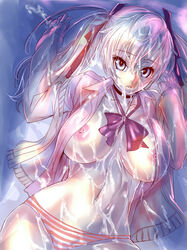 1girls blue_eyes breasts bukkake chains choker cum cum_on_body cum_on_breasts cum_on_upper_body dodai_shouji female hair_ribbon highres navel nipples open_clothes open_jacket original panties parted_lips ribbon silver_hair solo striped striped_panties tied_hair twintails underwear