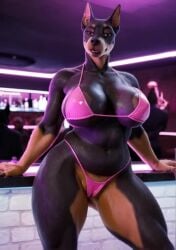 ai_generated animated anthro areola areola_slip big_breasts bikini bodily_fluids breasts camel_toe canid canine canis clothing curvaceous curvy_figure dobermann domestic_dog female furry huge_breasts mammal neon_lights nightclub pinscher solo string_bikini sweat swimwear tagme video video vlrgromns voluptuous wide_hips