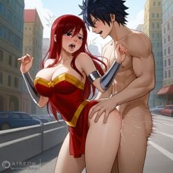 1boy 1girls ai_generated ass black_hair breasts city cosplay costume couple erza_scarlet fairy_tail gray_fullbuster red_hair sensual sexy wonder_woman