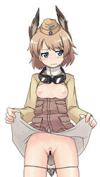 1girls animal_ear ashiga_oreta blonde_hair blue_eyes blush breasts censored clothing female goggles hat head_wings highres military military_uniform nipples pale-skinned_female panties panty_pull pubic_hair pussy pussy_juice raisa_pottgen shirt shirt_lift short_hair small_breasts solo strike_witches sweatdrop tail underwear uniform wavy_mouth white_panties