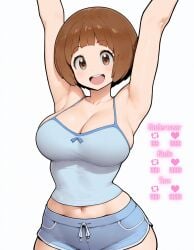 1girls ai_generated april68th arms_up belly_button big_breasts big_eyes bob_cut brown_eyes brown_hair challenge child_bearing_hips kill_la_kill mankanshoku_mako medium_hair pale-skinned_female pale_skin sleeveless sleeveless_shirt slim_waist smile smiling_at_viewer teenager thick thick_thighs tight_clothing tight_fit wide_hips