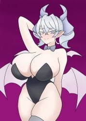 blush bunnysuit cleavage closed_mouth demon demon_girl demon_horns duel_monster hi_res horns huge_breasts labrynth_of_the_silver_castle legwear leotard looking_at_viewer lovely_labrynth_of_the_silver_castle neckline one_arm_up silver_eyes smile thighhighs thighs twintails voluptuous voluptuous_female white_hair wings ygo_rado_rado yu-gi-oh!