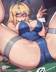 1girls 2d ai_generated big_breasts blonde_hair blue_eyes bunny_costume bunny_ears bunnysuit cameltoe freezing_(series) glasses missionary_position playboy_bunny ryogangg satellizer_el_bridget spread_legs spreading