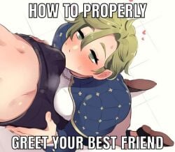 2boys blush bulge bulge_through_clothing clothed gay green_eyes green_hair heart hearts_around_head hug hugging kneeling meme musk musk_clouds musky_cock nu:_carnival on_knees shitpost sniffing sniffing_penis sweat sweatdrop tagme tagme_(artist) tagme_(character) underwear yaoi