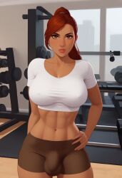 1futa 2d abs ai_generated aka6_(style) auburn_hair blondshell brown_eyes brown_shorts bulge bulge_in_shorts bulge_through_clothing civitai crop_top cropped_topwear dark-skinned_futanari dark_skin futa_only futanari gym gym_uniform looking_at_viewer olive-skinned_futanari olive_skin original_characters ponytail shorts solo toned_futa toned_stomach white_crop_top white_t-shirt