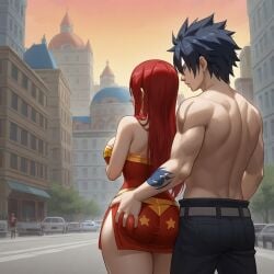 1boy 1girls ai_generated ass black_hair breasts city cosplay costume couple erza_scarlet fairy_tail gray_fullbuster red_hair sensual sexy wonder_woman